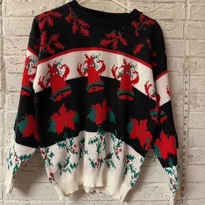 Holiday Sweater, Black White & Red w Holly, Bells, Vintage 80's Sweater Small